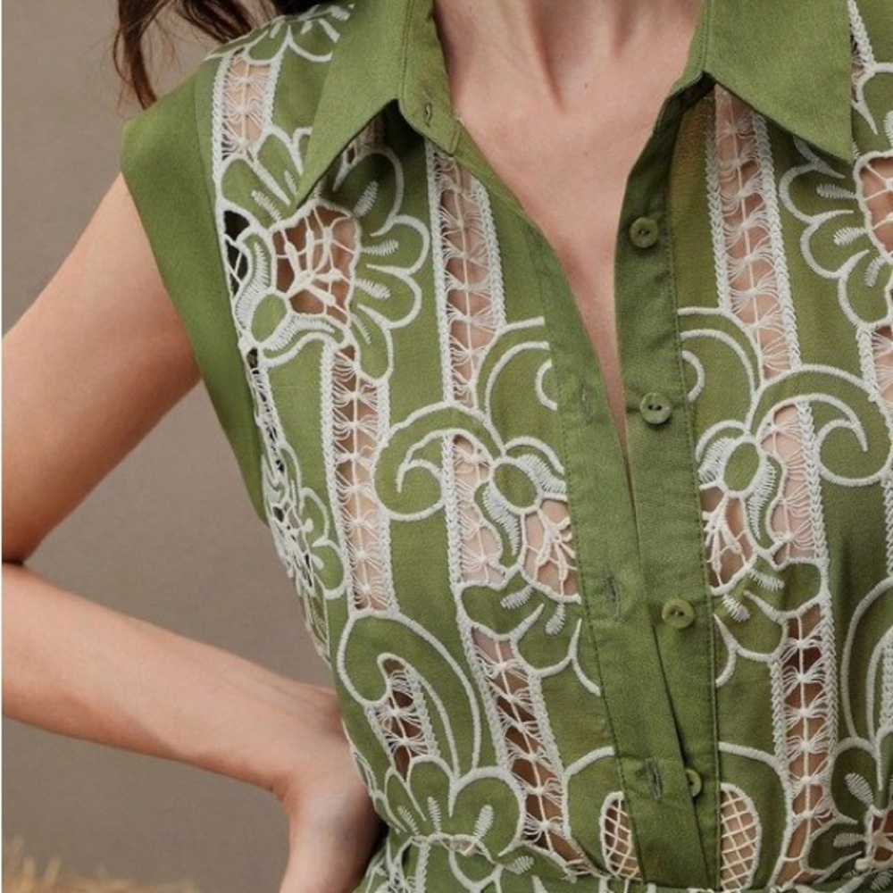 Everlynn Olive Green Lace Button-Up Blouse
